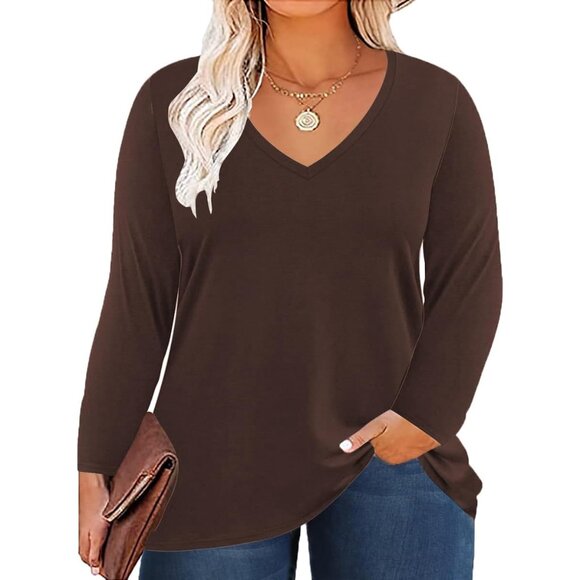 Women's Plus Size V Neck Long Sleeve Top Polyester Spandex Casual Fit - Picture 1 of 5